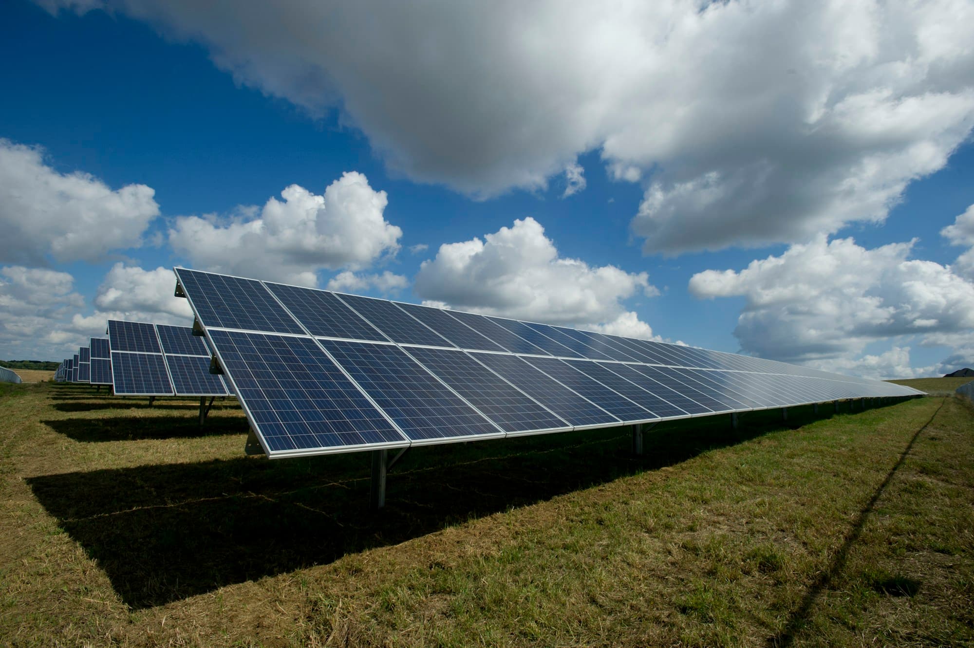 Solar panels in a sunlit landscape